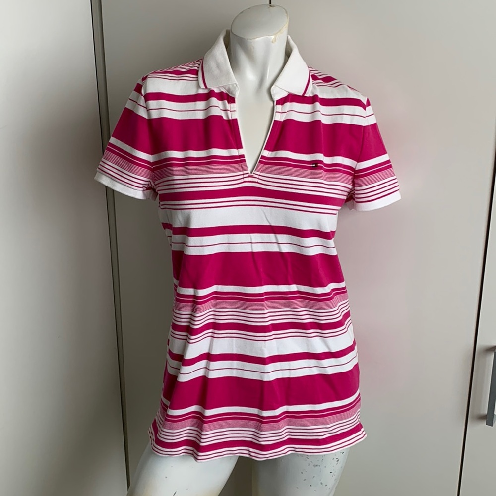 Tommy Hilfiger medium v-neck pink/magenta striped polo shirt